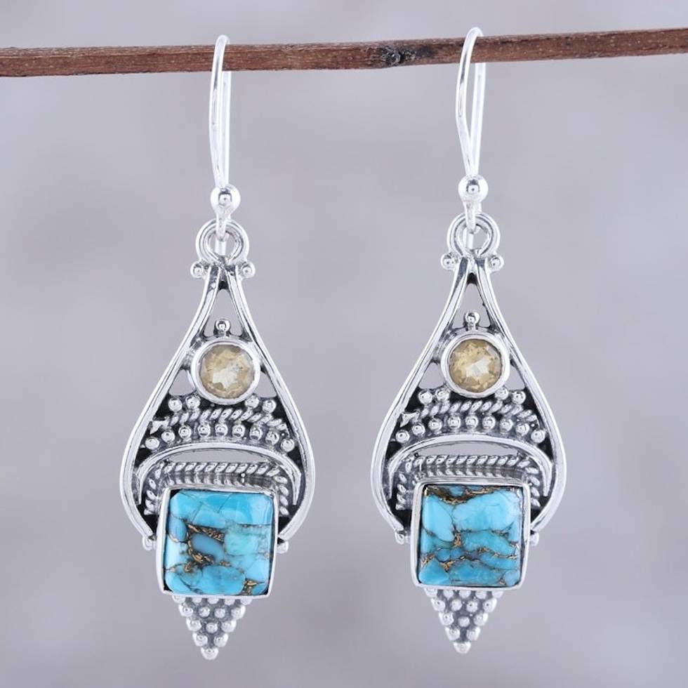Citrine and Composite Turquoise Dangle Earrings from India 'Mythic Ocean'