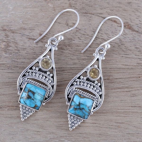 Alternate image for Citrine and Composite Turquoise Dangle Earrings from India Mythic Ocean