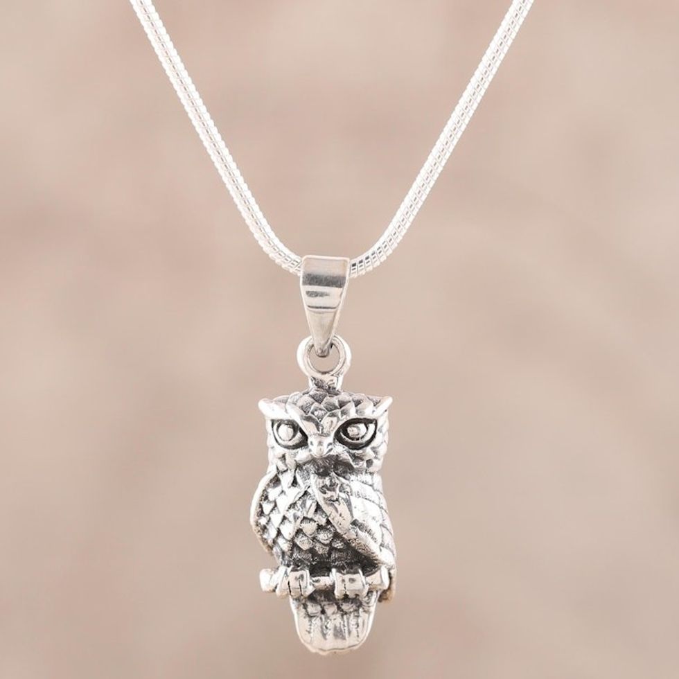 Sterling Silver Owl Pendant Necklace from India 'Magnificent Owl'