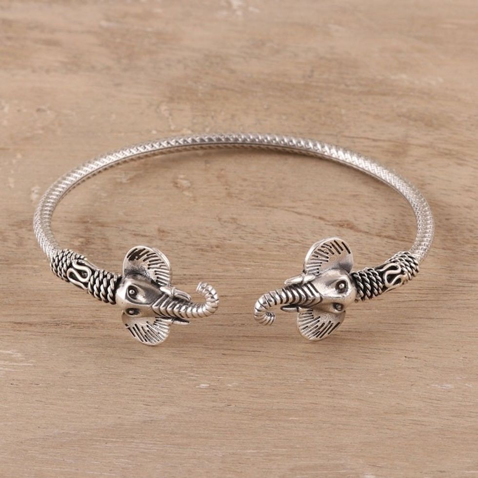 Sterling Silver Elephant Cuff Bracelet from India 'Elephant Glory'