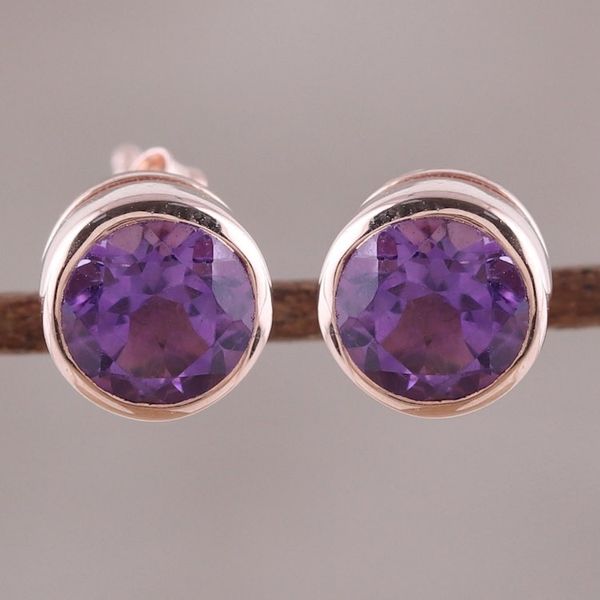 Alternate image for 22k Rose Gold Plated Faceted Amethyst Stud Earrings Sparkling World
