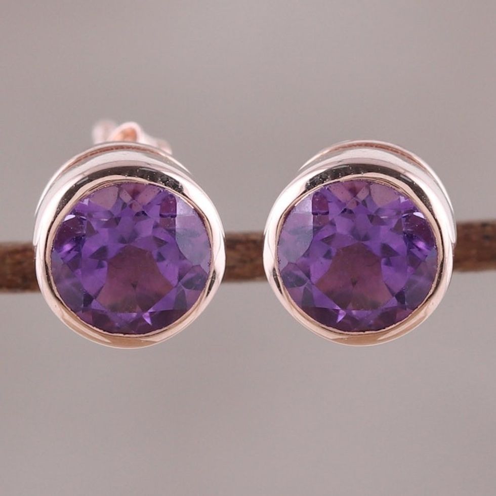 22k Rose Gold Plated Faceted Amethyst Stud Earrings 'Sparkling World'
