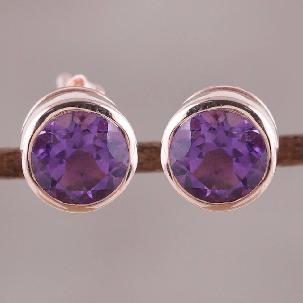 22k Rose Gold Plated Faceted Amethyst Stud Earrings 'Sparkling World'