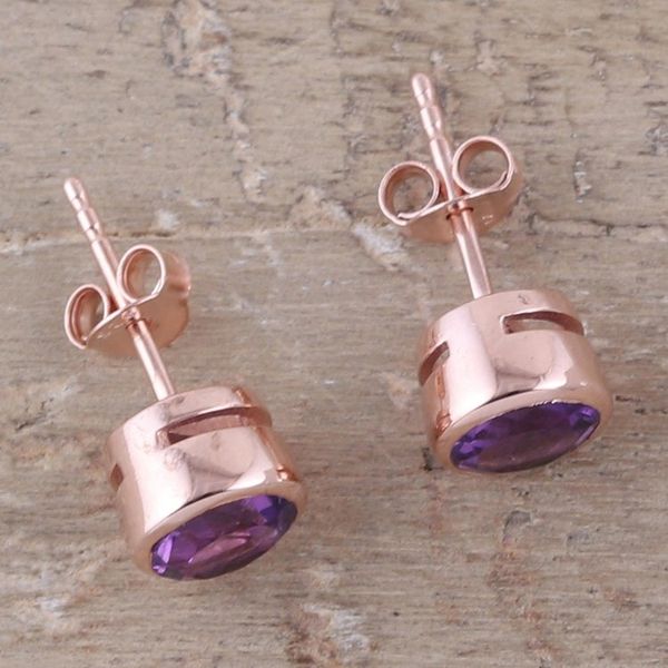 Alternate image for 22k Rose Gold Plated Faceted Amethyst Stud Earrings Sparkling World
