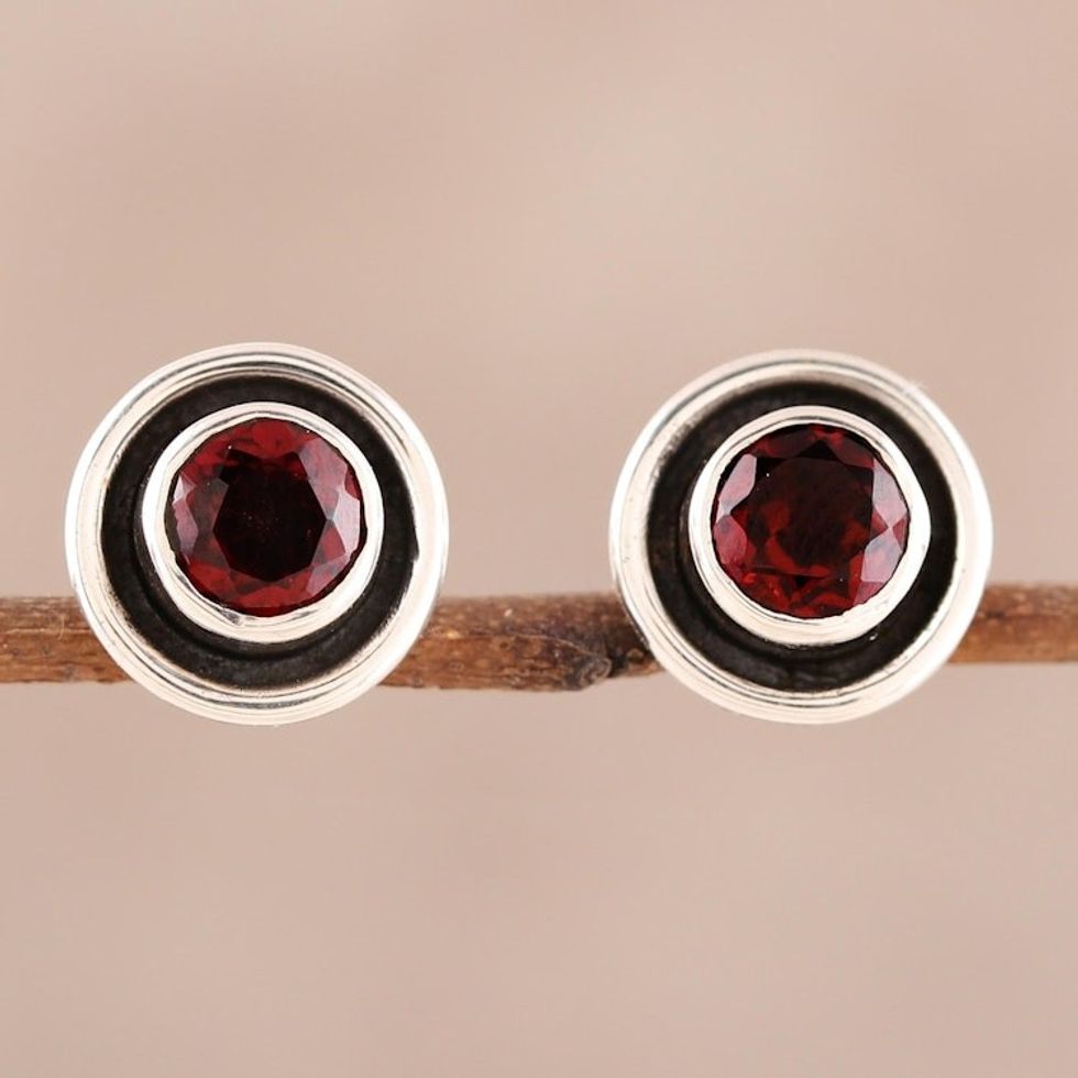 Circular Faceted Garnet Stud Earrings from India 'Framed Sparkle'