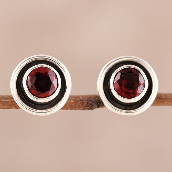 Alternate image for Circular Faceted Garnet Stud Earrings from India Framed Sparkle