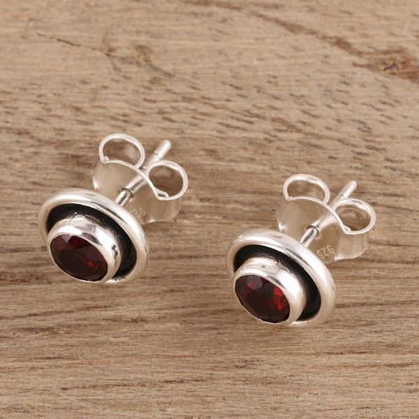 Alternate image for Circular Faceted Garnet Stud Earrings from India Framed Sparkle