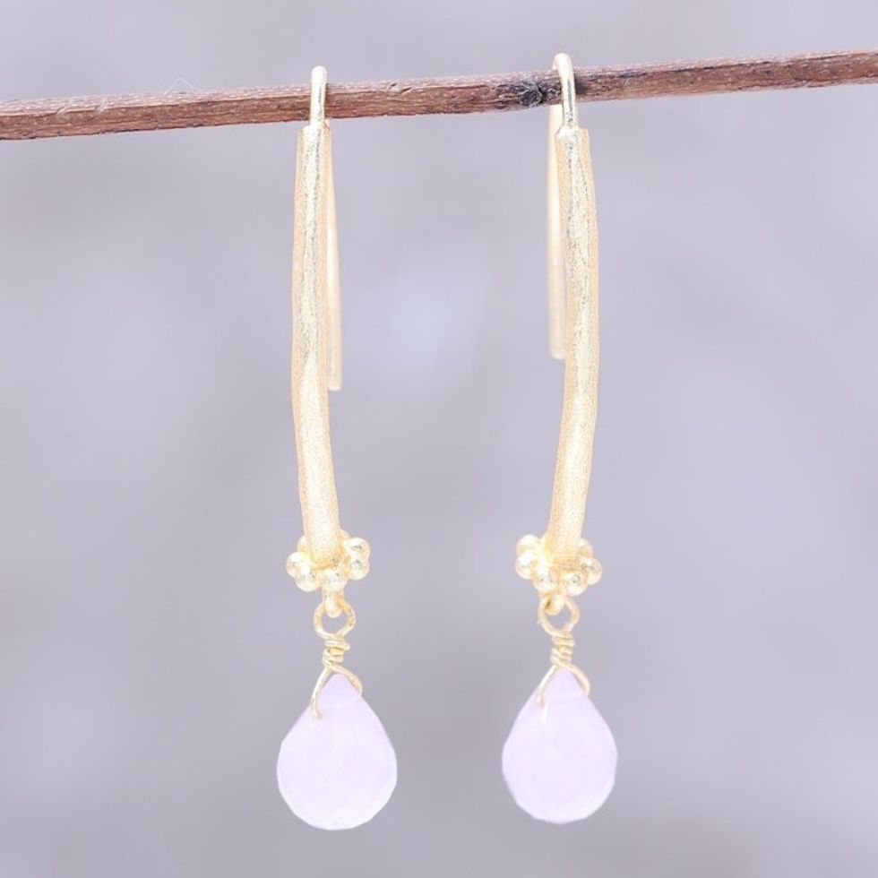 22k Gold Plated Rose Quartz Dangle Earrings from India 'Passionate Pink'