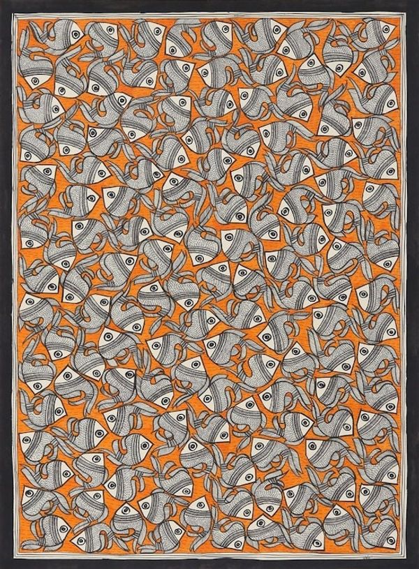 Alternate image for Madhubani Fish Painting in Orange from India 20.5x29 Fish Harmony