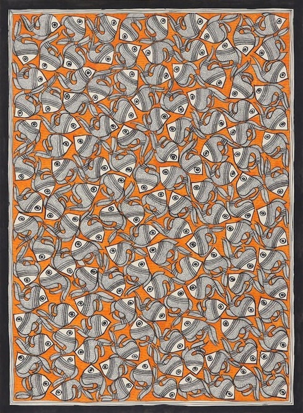 Madhubani Fish Painting in Orange from India 20.5x29 'Fish Harmony'