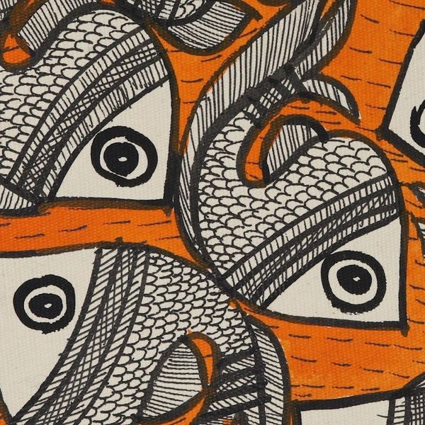 Alternate image for Madhubani Fish Painting in Orange from India 20.5x29 Fish Harmony