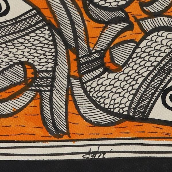 Alternate image for Madhubani Fish Painting in Orange from India 20.5x29 Fish Harmony