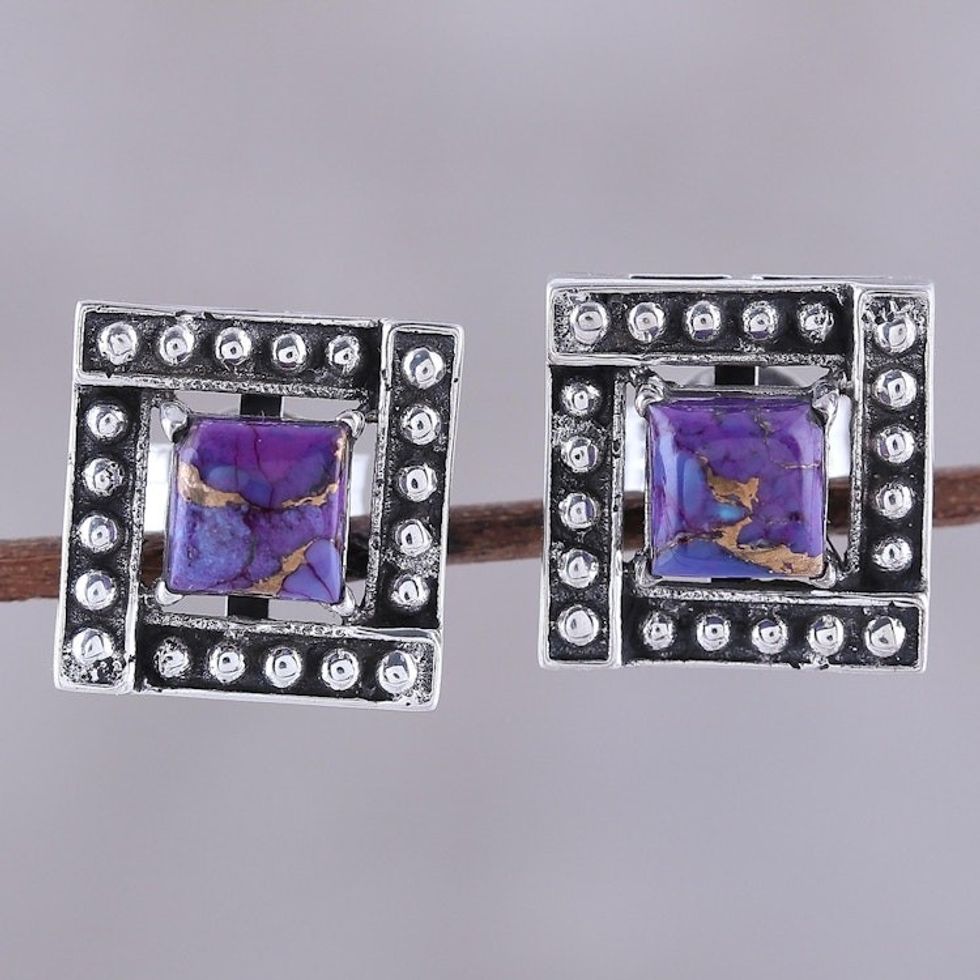 Square Purple Composite Turquoise Stud Earrings from India 'Beautiful Windows in Purple'