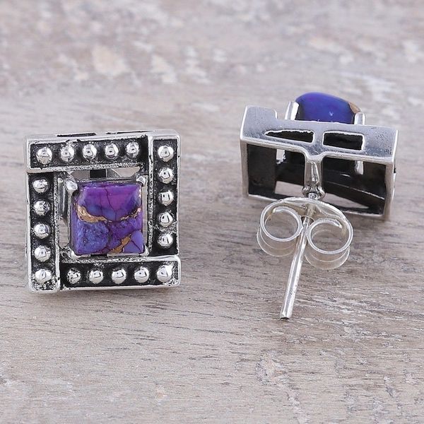 Alternate image for Square Purple Composite Turquoise Stud Earrings from India Beautiful Windows in Purple