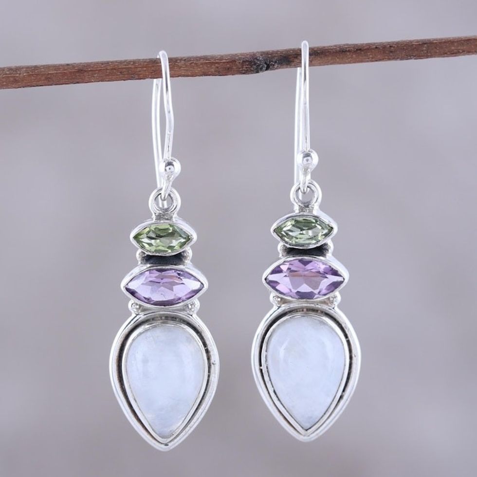 Multi-Gemstone Dangle Earrings from India 'Gemstone Allure'