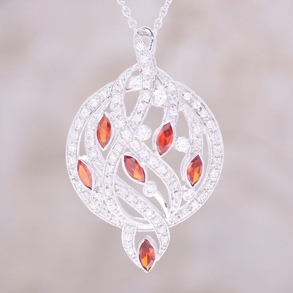Red CZ Rhodium Plated Sterling Silver Pendant Necklace 'Glittering Elegance'
