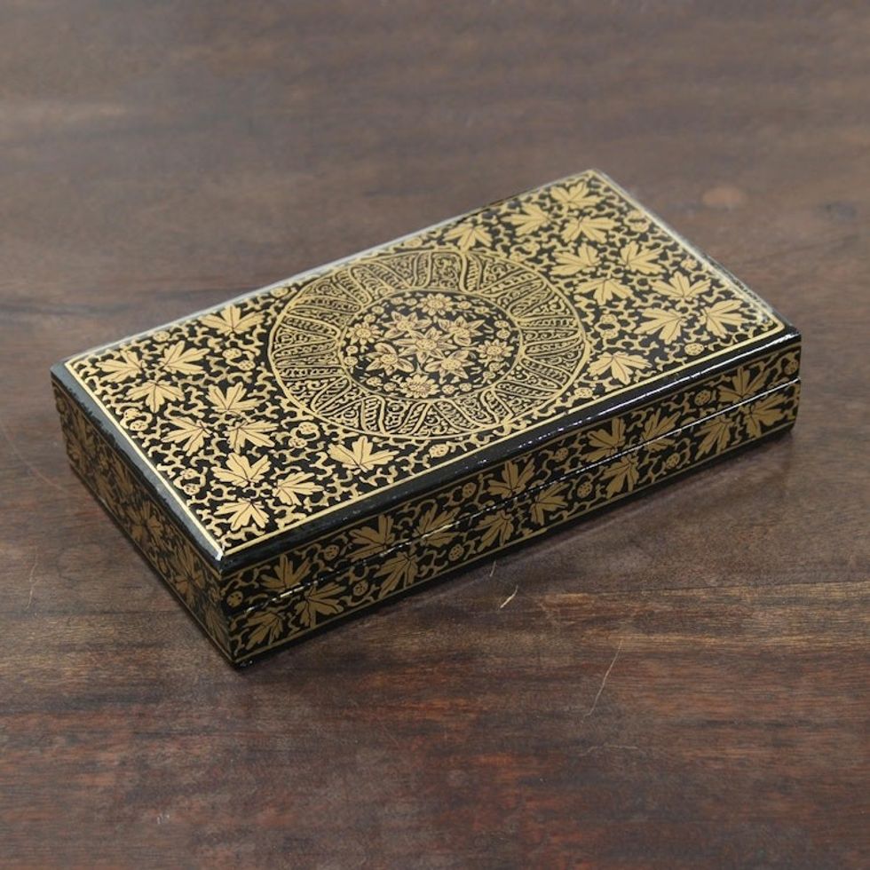 Gold-Tone Leaf Motif Papier Mache Decorative Box from India 'Midnight Golden Leaves'