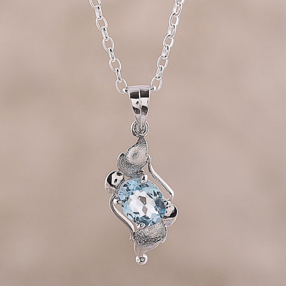 Rhodium Plated Blue Topaz Pendant Necklace from India 'Elegant Pool'