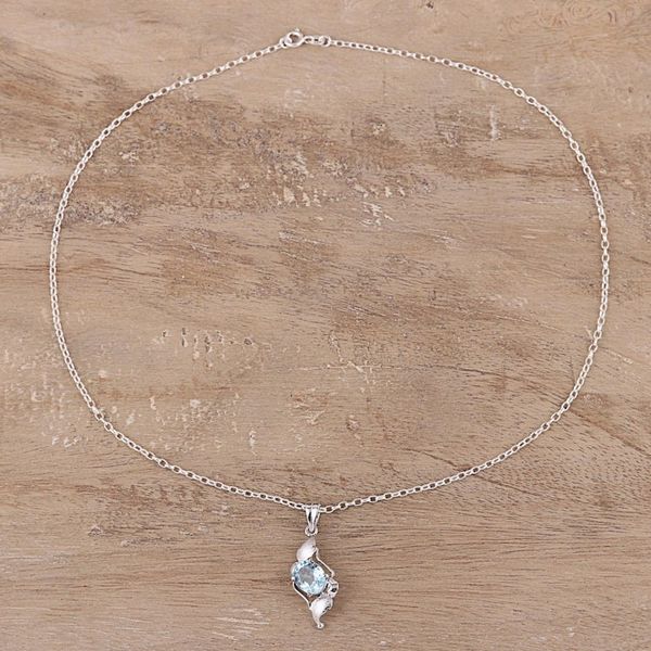 Alternate image for Rhodium Plated Blue Topaz Pendant Necklace from India Elegant Pool