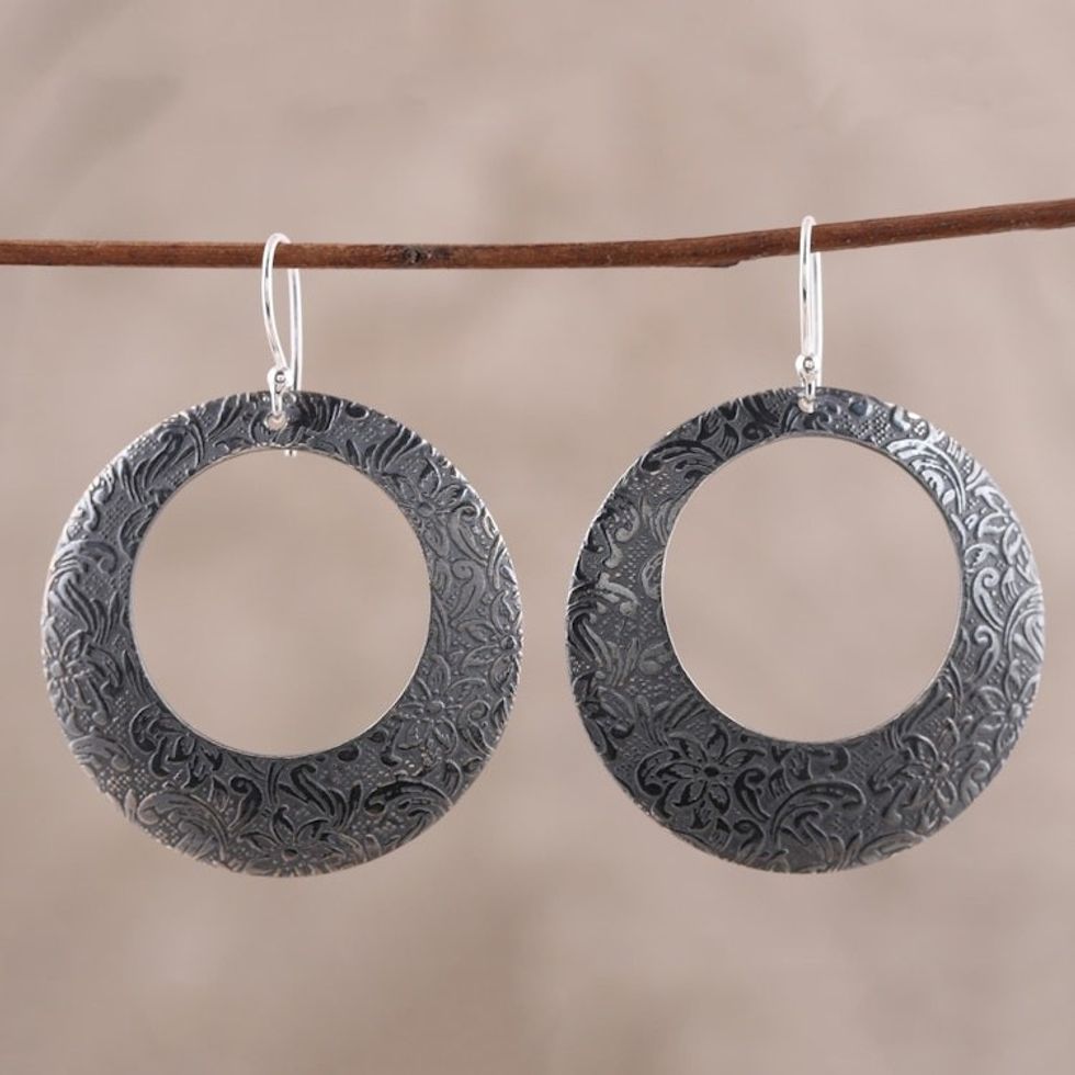 Oxidized Round Floral Sterling Silver Earrings from India 'Fashionable Loops'
