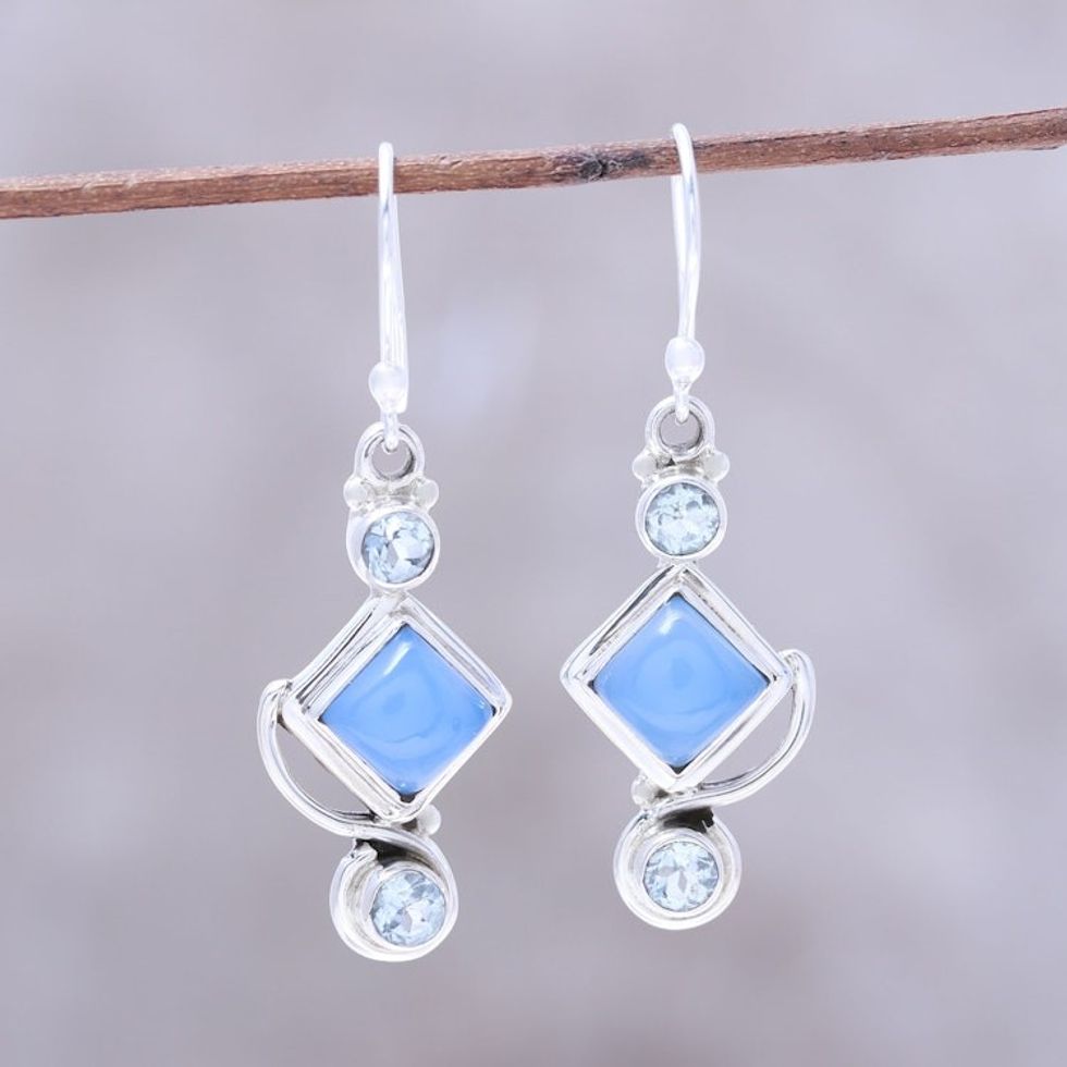 Blue Topaz and Chalcedony Dangle Earrings Handmade in India 'Beauty of the Seas'