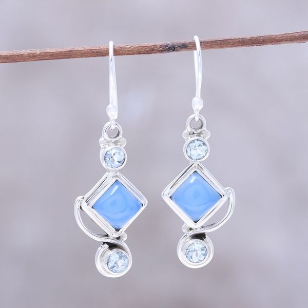 Alternate image for Blue Topaz and Chalcedony Dangle Earrings Handmade in India Beauty of the Seas