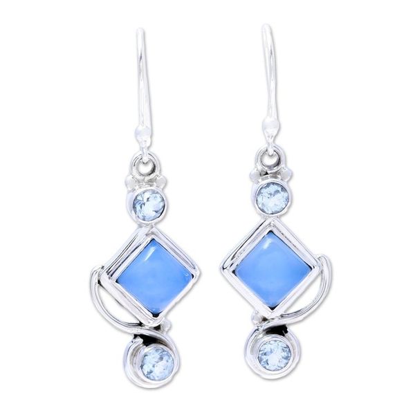 Alternate image for Blue Topaz and Chalcedony Dangle Earrings Handmade in India Beauty of the Seas