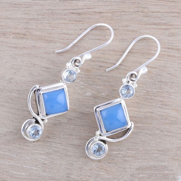 Alternate image for Blue Topaz and Chalcedony Dangle Earrings Handmade in India Beauty of the Seas