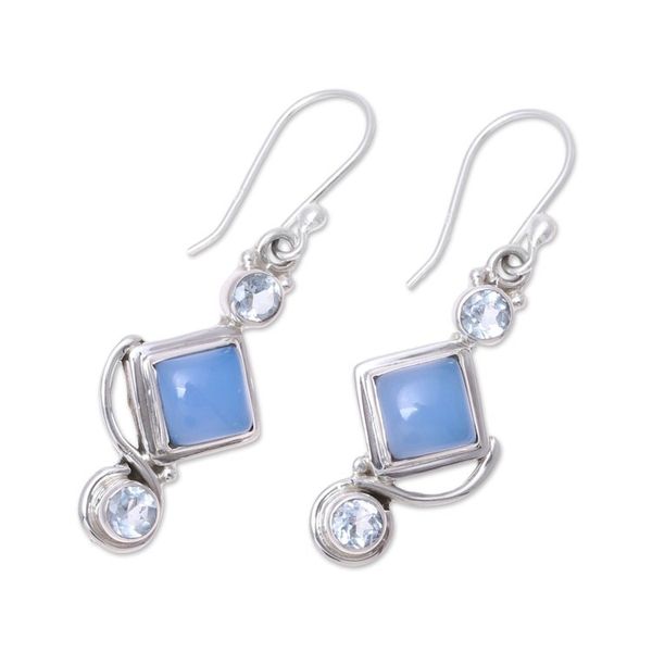 Alternate image for Blue Topaz and Chalcedony Dangle Earrings Handmade in India Beauty of the Seas