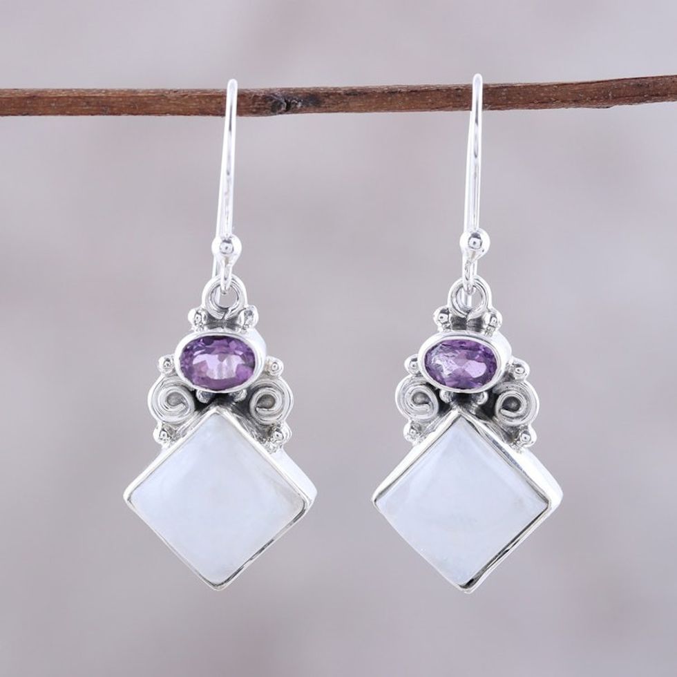 Sterling Silver Rainbow Moonstone Amethyst Dangle Earrings 'Cloud Fragments'