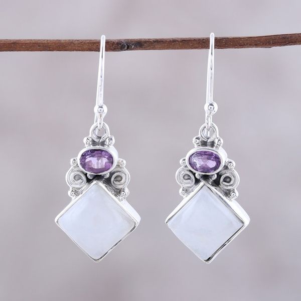 Alternate image for Sterling Silver Rainbow Moonstone Amethyst Dangle Earrings Cloud Fragments