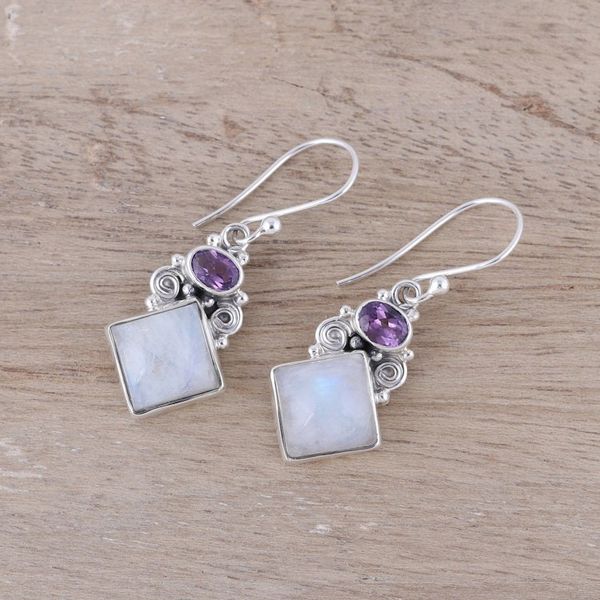 Alternate image for Sterling Silver Rainbow Moonstone Amethyst Dangle Earrings Cloud Fragments