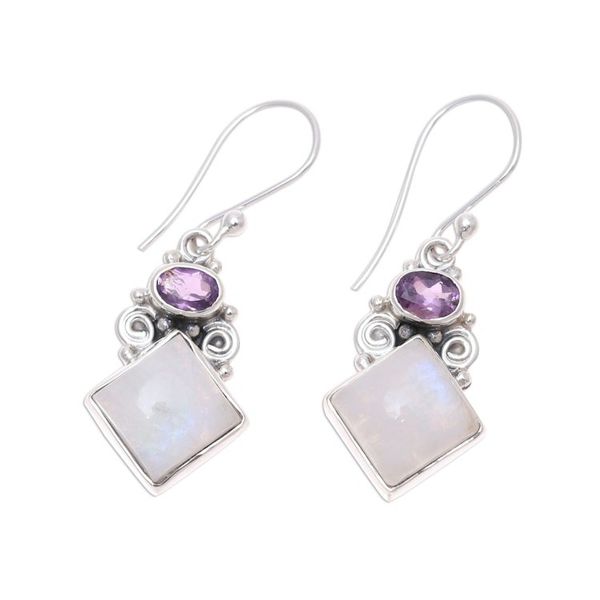 Alternate image for Sterling Silver Rainbow Moonstone Amethyst Dangle Earrings Cloud Fragments