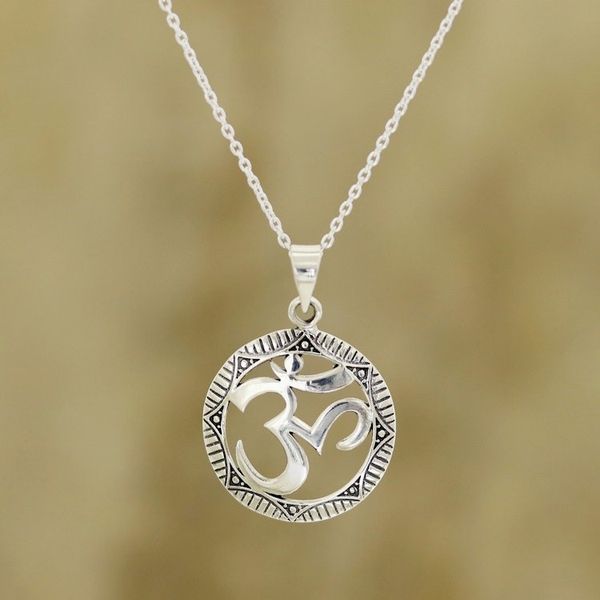Alternate image for Sterling Silver Om Pendant Necklace from India Meditative Medallion