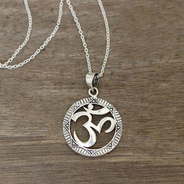 Alternate image for Sterling Silver Om Pendant Necklace from India Meditative Medallion