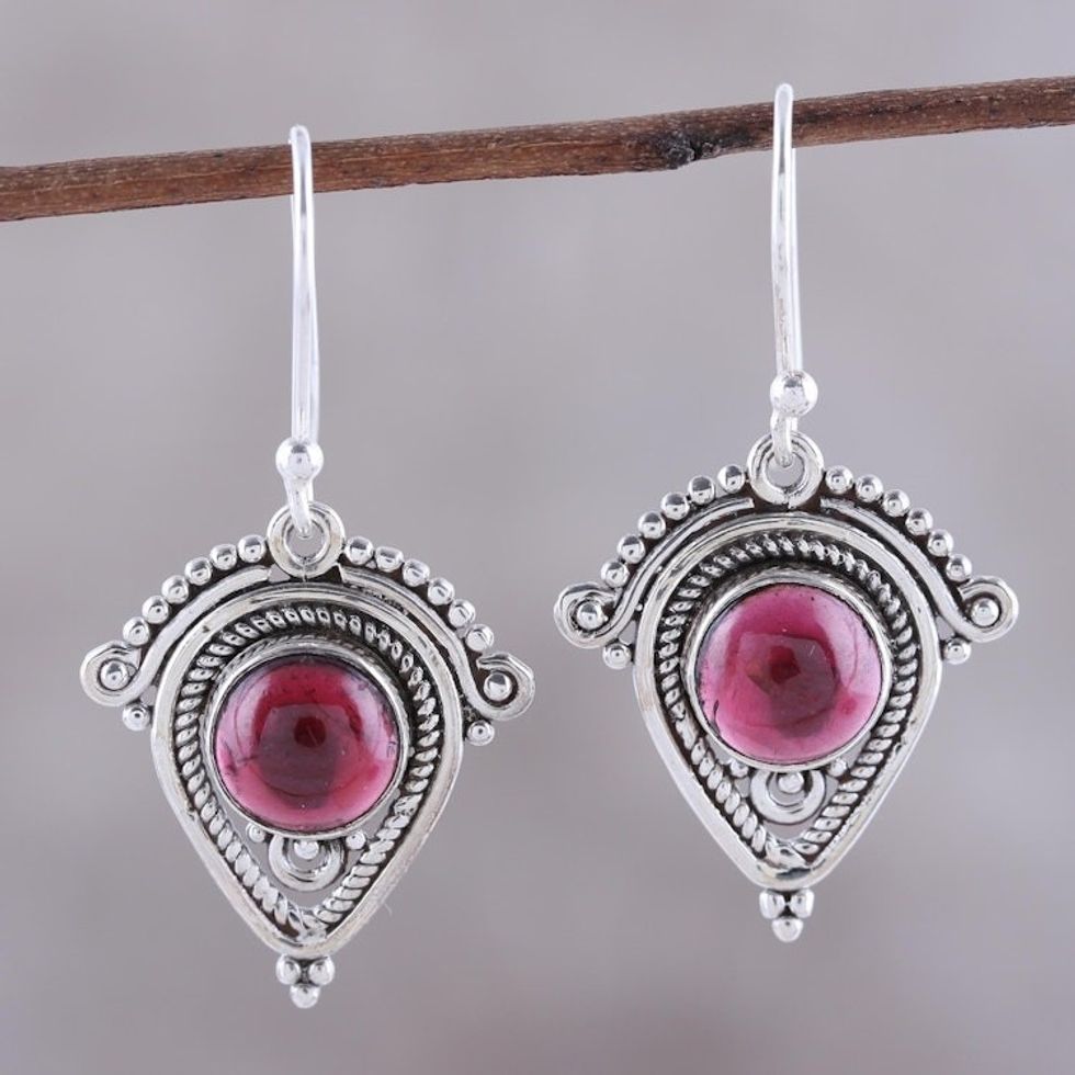 Artisan Crafted Garnet Dangle Earrings from India 'Regal Classic'