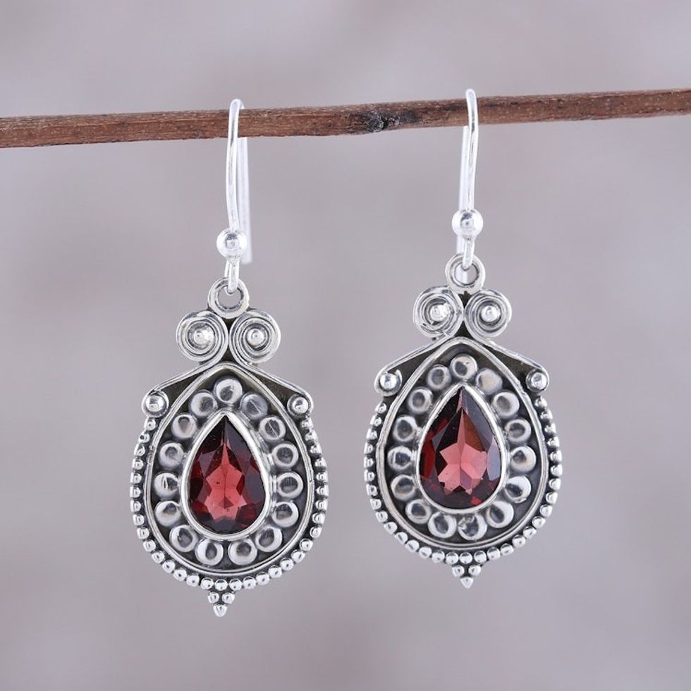 Pear Garnet Dangle Earrings from India 'Classic Style'