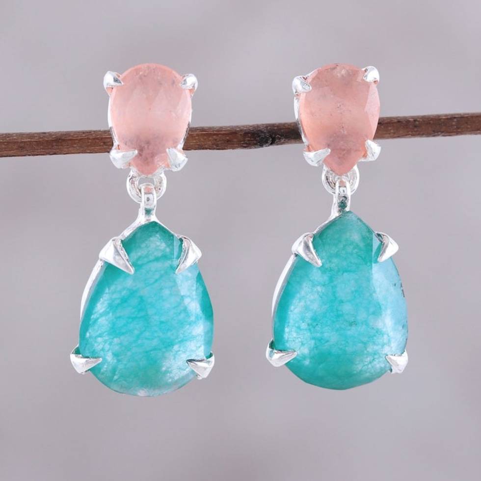 Peach and Blue Quartz Sterling Silver Dangle Earrings 'Meadow Dawn'