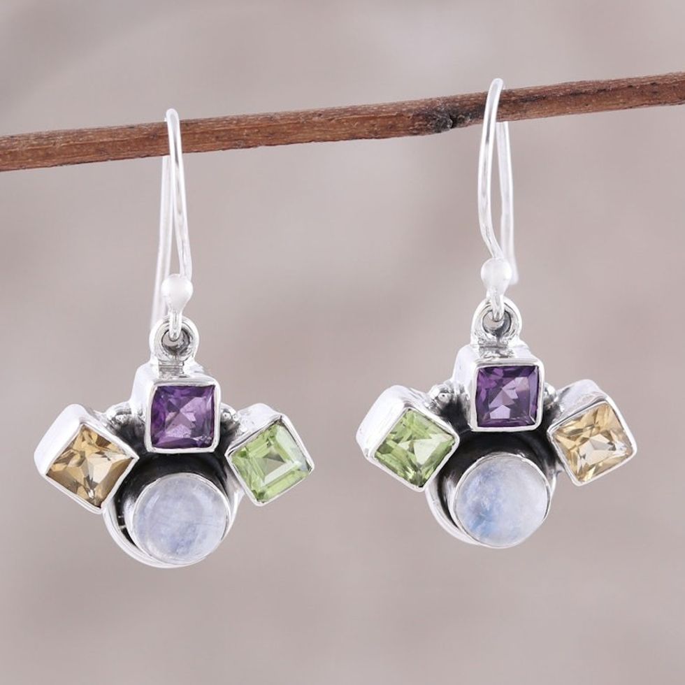Multi-Gemstone Dangle Earrings Crafted in India 'Lovely Quartet'
