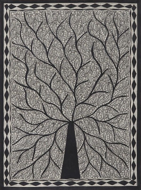 Alternate image for Black and White Madhubani Tree Painting from India Abode of Birds