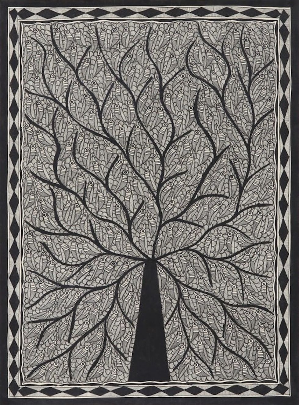 Black and White Madhubani Tree Painting from India 'Abode of Birds'