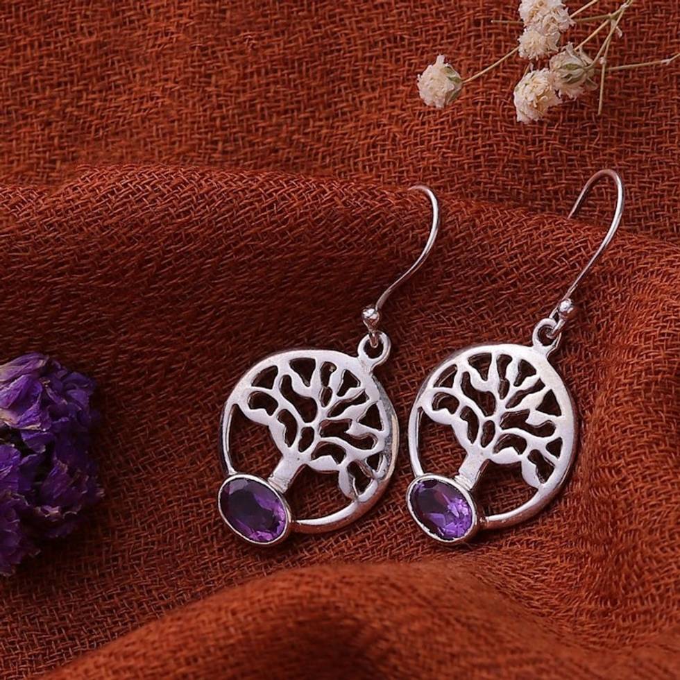 Tree Motif Amethyst Dangle Earrings from India 'Corona Trees'
