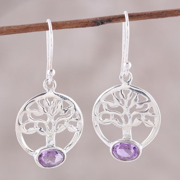 Alternate image for Tree Motif Amethyst Dangle Earrings from India Corona Trees
