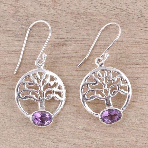 Alternate image for Tree Motif Amethyst Dangle Earrings from India Corona Trees