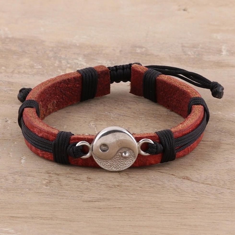 Sterling Silver and Leather Yin Yang Wristband Bracelet 'Spiritual Balance'