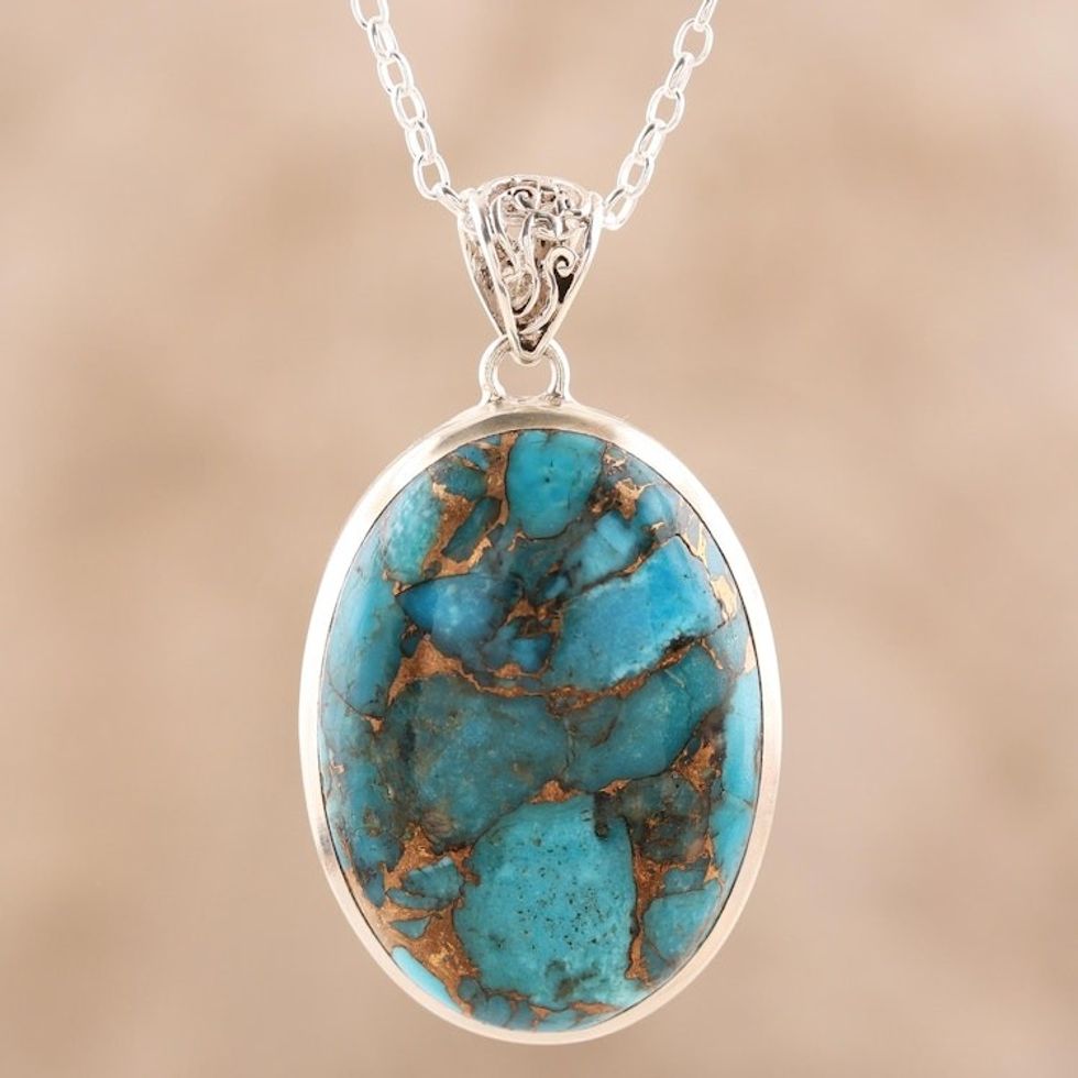 Oval Sterling Silver and Composite Turquoise Necklace 'Glittering Island'
