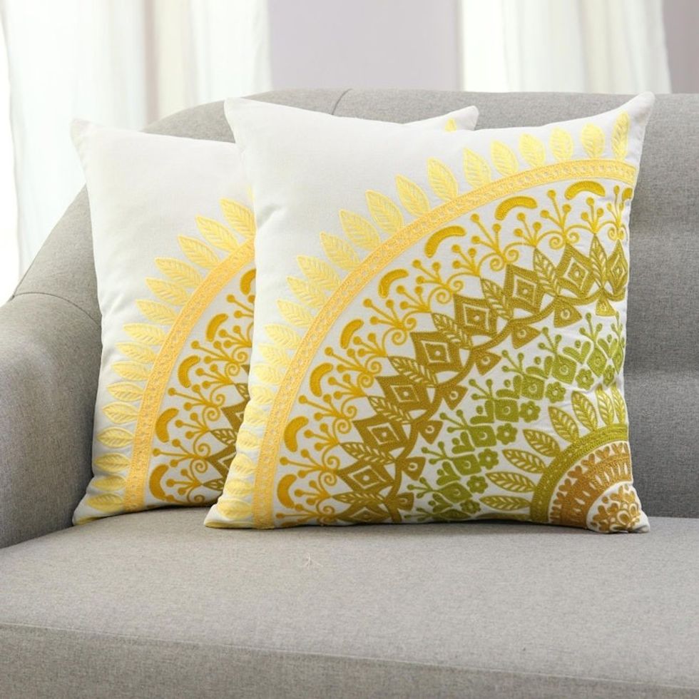 Embroidered Cotton Cushion Covers in Yellow Pair 'Divine Orchard in Yellow'