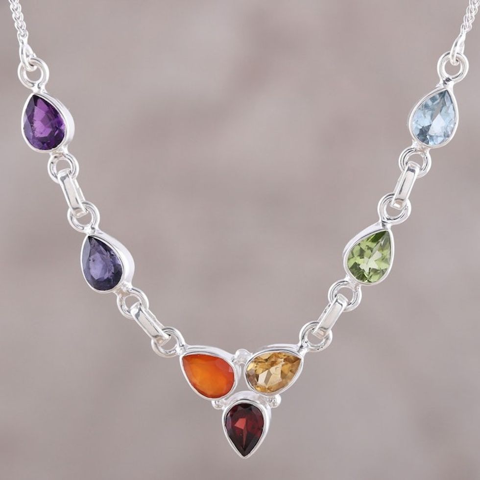Multi-Gemstone Sterling Silver Chakra Necklace from India 'Shimmering Harmony'
