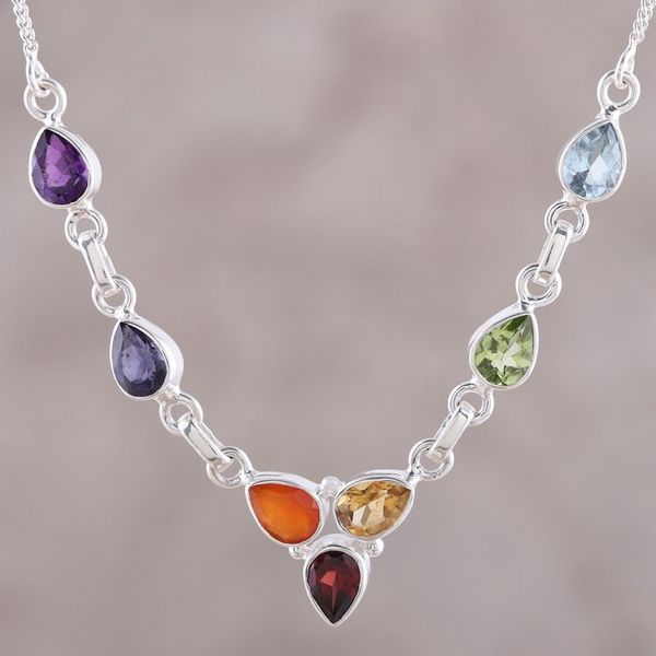 Alternate image for Multi-Gemstone Sterling Silver Chakra Necklace from India Shimmering Harmony