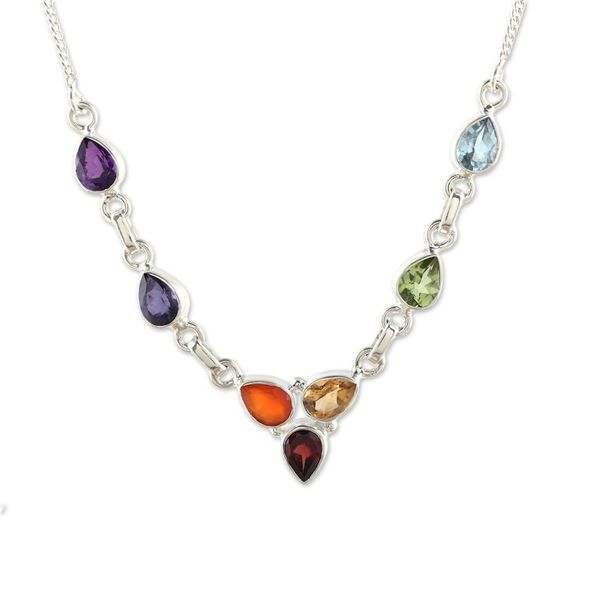 Alternate image for Multi-Gemstone Sterling Silver Chakra Necklace from India Shimmering Harmony